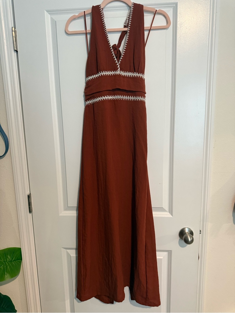 Zara Rust Brown Maxi Dress with White Trim